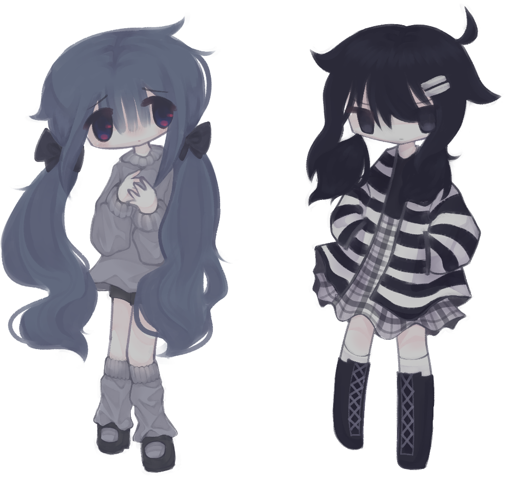 2 chibi characters standing next to each other. one has long, dark blue hair tied in low pigtails with black ribbons, blue eyes with red highlights, and wears a baggy grey sweater, black shorts, grey baggy socks, and black mary jane shoes. she's standing with her hands together in a timid pose. the other has medium length black hair in low pigtails with two white hairclips on the left side of their head, black eyes, wearing a stripy black and white jacket atop a black t-shirt and a black and white plaid skirt and long, black boots. they have their hands in their pockets.