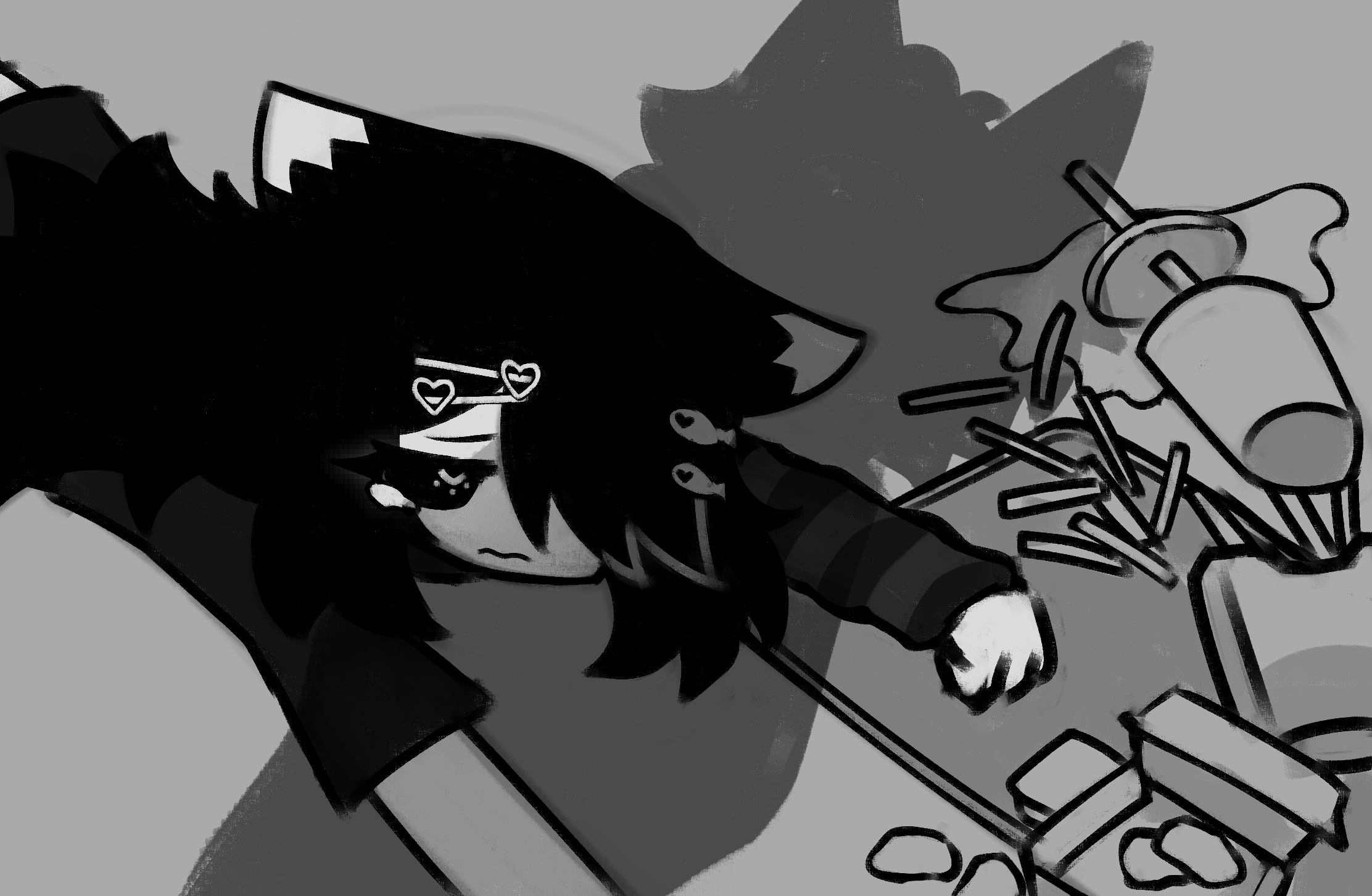 Matcha collapsed on the ground with tears in her eyes next to a tray of scattered fast food.