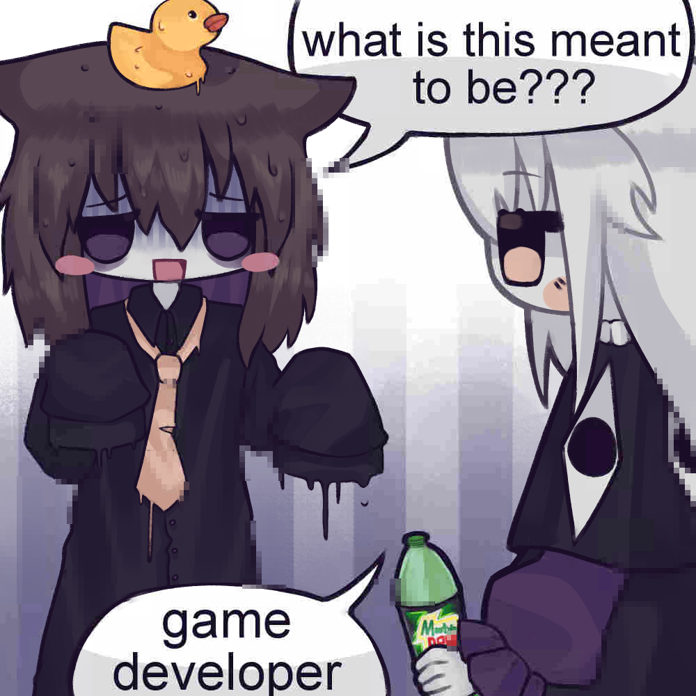 Cut to Soup wearing an oversized dress shirt and a crooked tie, with a rubber duck atop his head. His entire body is drenched in liquid and his expression is unsure. He asks What is this meant to be? Spinach looks at him innocently, holding an empty bottle of mountain dew. She says game developer.