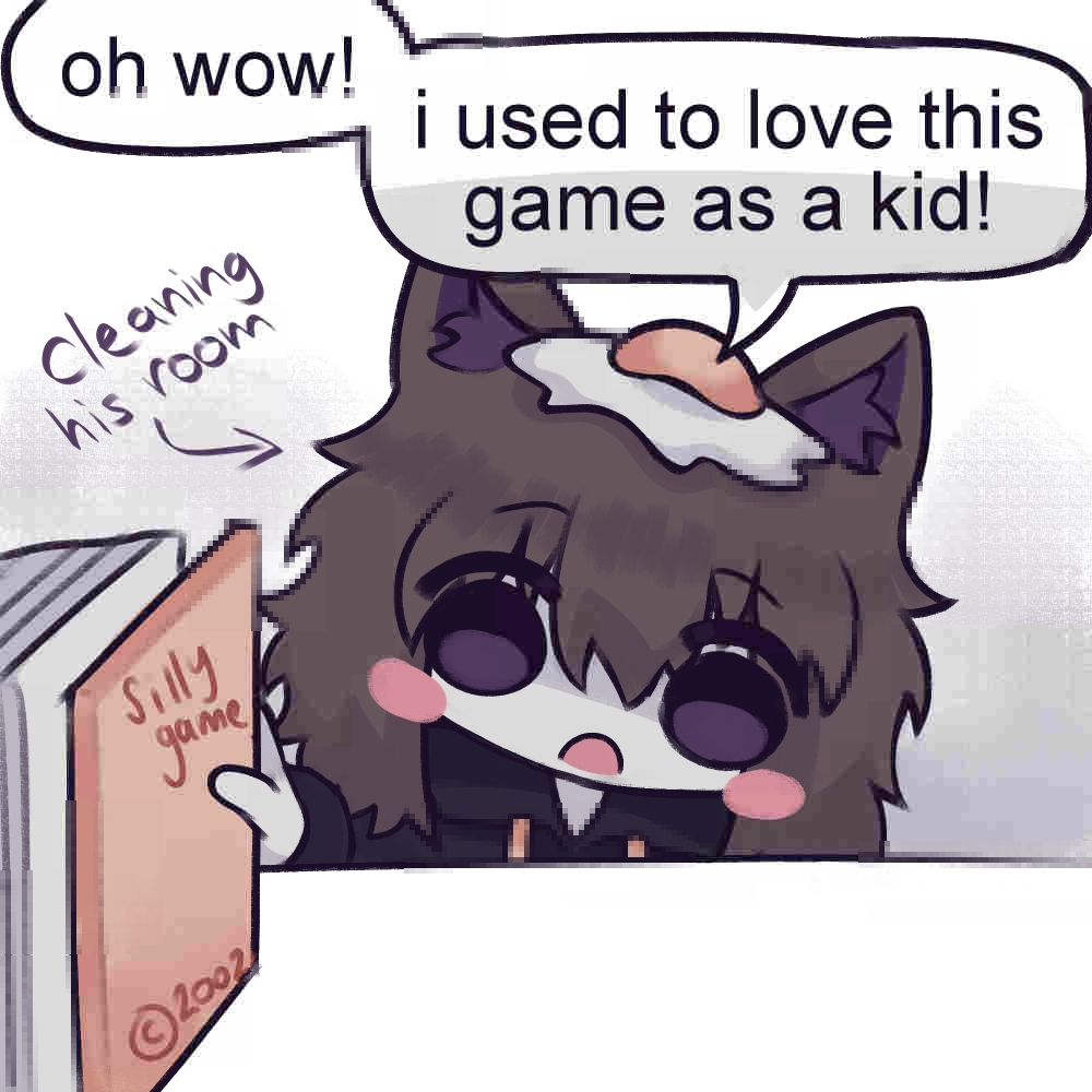 Soup is grabbing a game on his shelf. He has a surprised expression, and he says Oh wow! I used to love this game as a kid! An arrow points to him that says Cleaning his room.